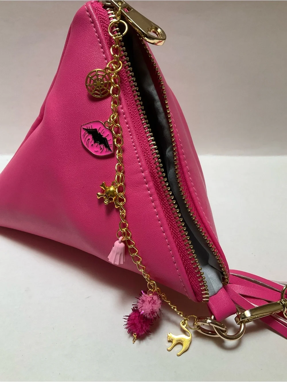 Synthetic leather triangle Hot Pink Wristlet Clutch Gold Spike Summerween Charms
